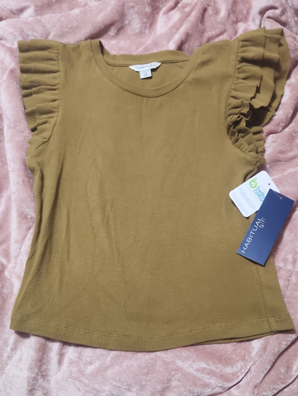 Habitual Girl Olive ribbed knit top featuring a crew neck And ruffles